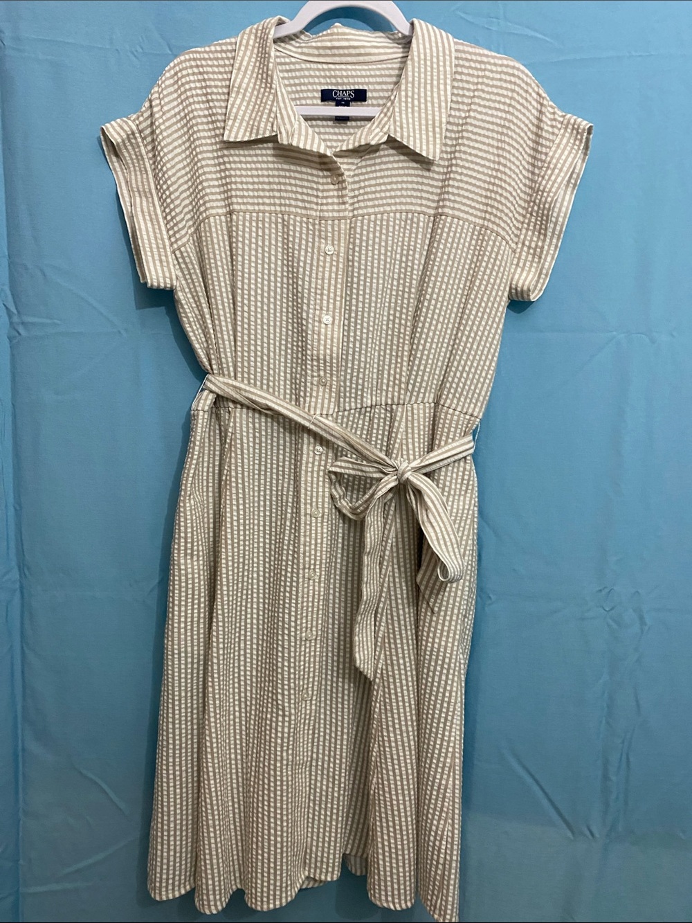 Chaps Cream and White Striped Midi Shirt Dress with Tie Belt